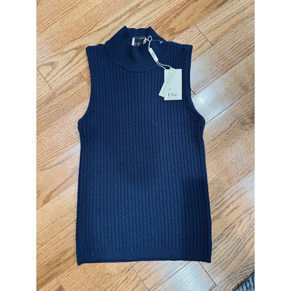 Elie Elie Tahari Navy Blue Mock Neck Sleeveless Textured Cable Knit Sweater Top